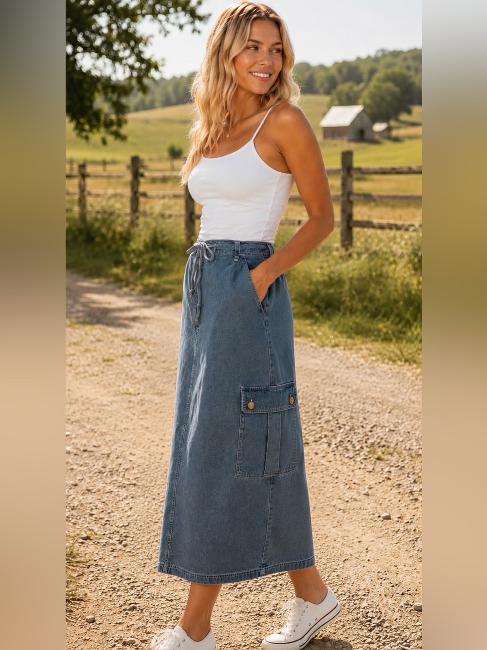 VTG Bears Club Cargo Denim Midi Skirt Sz 8 Western Cowgirl Bohemian Granola Girl